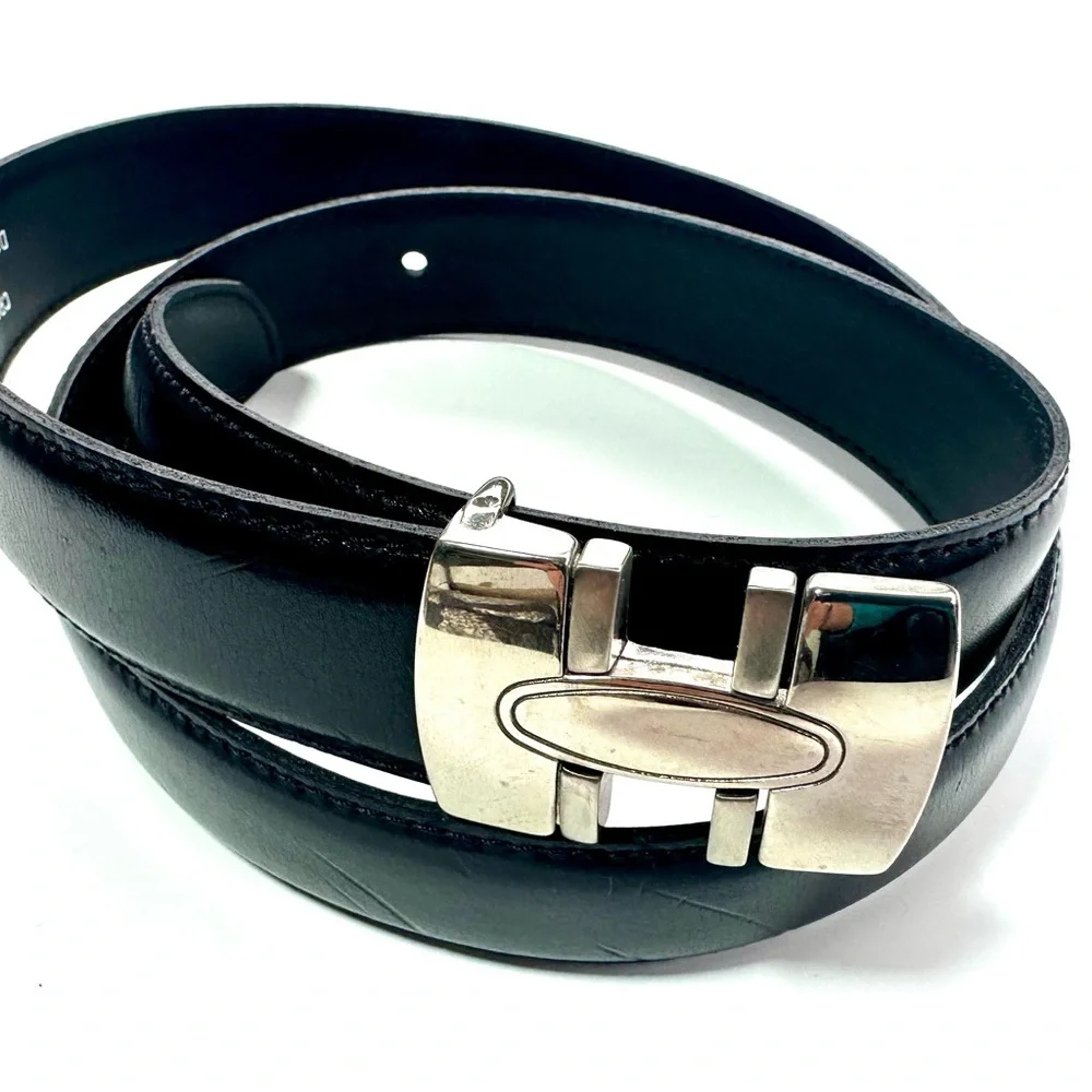 Black Leather Belt with Silver Buckle, France, L